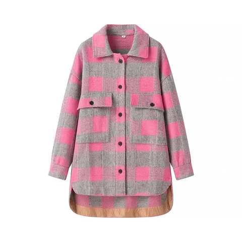 Shacket À Carreaux Femme Mélange De Laine Veste Chemise En Flanelle À Manches Longues Manteau Surdimensionné Avec Poches