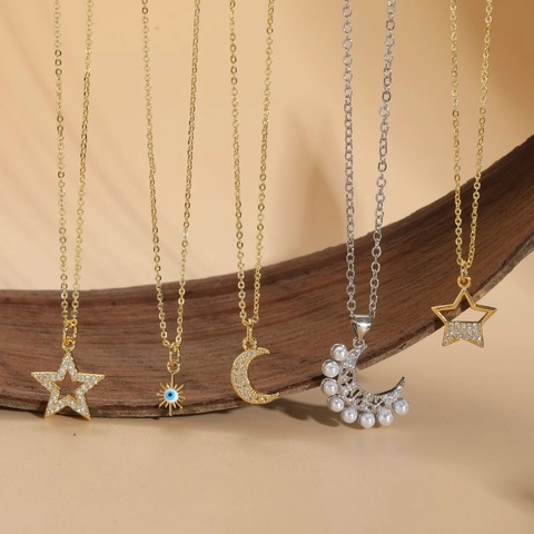 Luxury Pendant Necklace Copper Zircon Imitation Artificial Pearl 14K Gold Plated Star Moon Sun Evil Eye Minimalist Jewelry Women