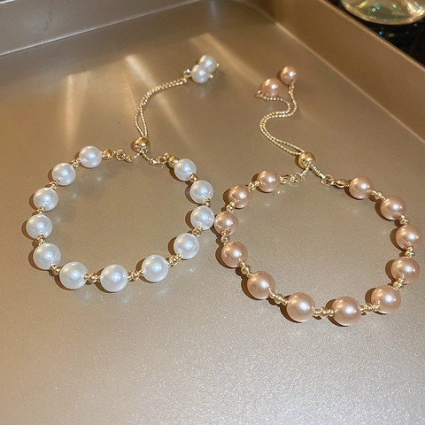 Retro Artificial Pearl Bracelet Adjustable Alloy Faux Artificial Pearl Elegant Geometric Pull Out Bolo String Jewelry For Women