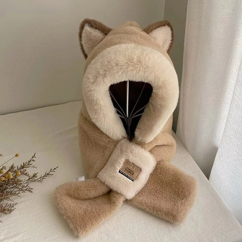 Sombrero Bufanda con Capucha Integrado Estilo Coreano Cachemira Felpa Espesada Gorro de Invierno Cálido para Mujer Orejas de Oso