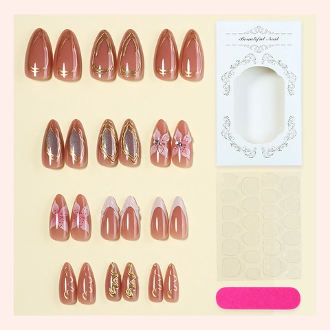 Unghie Finte Press On Stile Francese Forma Mandorla Con Fiore 3D Perla Artificial Resina Fatte A Mano Unghie Lunghe Eleganti