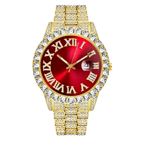 Luxury Men Quartz Watch Full Rhinestone Encrusted Gold Plated Stainless Steel Roman Numerals Date Waterproof Hiphop Style Fashion