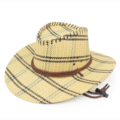 Cappello da Cowboy Occidentale in Paglia per Uomo Donna a Quadri Parasole Fedora Con Corda Antivento Regolabile Pesca Spiaggia