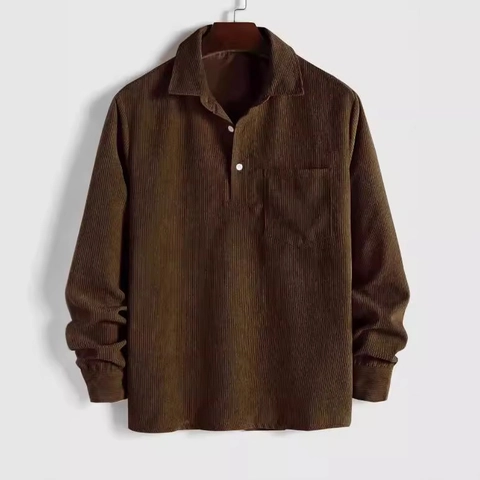 Camisa Casual de Pana para Hombre Manga Larga Vintage Color Sólido Jersey Con Bolsillo en el Pecho Ajuste Holgado Ropa de Moda