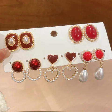 Pendientes De Perlas Artificiales De Corazón Rojo Con Poste De Plata Aleación Perla Artificial De Imitación Estilo Retro Francés Para Mujer