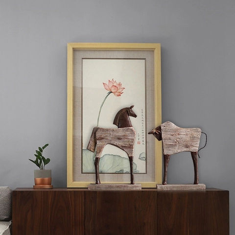 Sculpture Animale Vintage Ornement Résine Texture Grain De Bois Cheval Taureau Figurine Statue Art Rétro Pour Maison Salon Bureau Décor