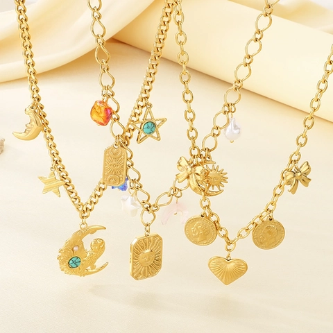 Gold Stainless Steel Necklace With Moon Star Heart Coin And Owl Pendants Vintage Bohemian Jewelry For Women