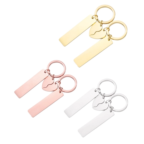 Keychain 304 Stainless Steel Mirror Polished Rectangle Bar Heart Pendant Valentine Birthday Gift Friendship Accessory