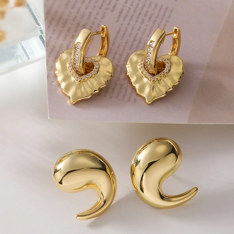 Heart Zircon Copper Drop Earrings Irregular Geometric Metal Stud Jewelry For Women Fashion Elegant INS Style Niche
