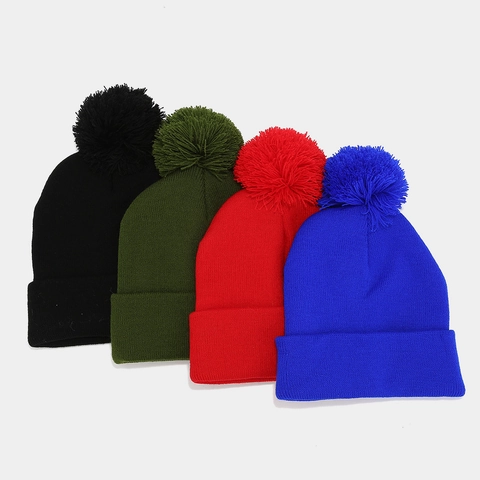Gorro De Invierno De Punto De Acrílico Con Pompon Dobladillo Color Sólido Exterior Cálido Casual Para Hombre Y Mujer