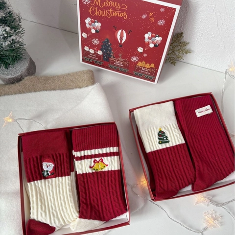 Calze Natalizie Misto Cotone Ricamato Babbo Natale Albero Campana Metà Polpaccio Rosso Bianco Contrasto Festivo Donne