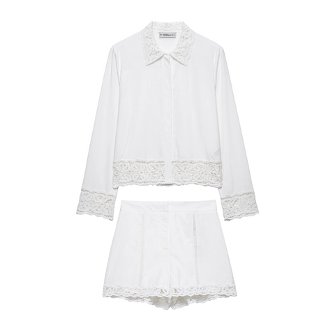 Camisa de Manga Larga Blanca de Encaje de Ganchillo para Mujer y Pantalones Cortos de Cintura Alta Conjunto Casual