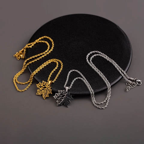 Maple Leaf Pendant Necklace Stainless Steel Hollow Leaf Design Rope Chain Versatile Fashion Jewelry For Men Women