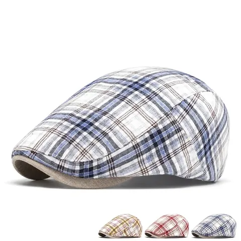 Vintage Plaid Newsboy Cap Breathable British Style Flat Hat Adjustable For Men Women Casual Outdoor Sunshade