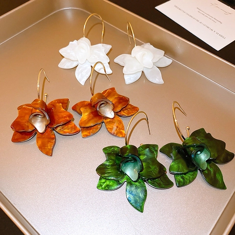 Large Resin Flower Hoop Earrings With 925 Sterling Silver Earring Post Retro Floral Dangle Jewelry For Women