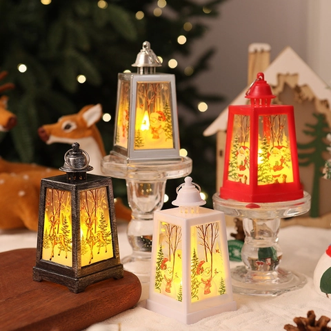 Christmas Lantern LED Night Light Electronic Candle Portable Plastic Retro Hanging Lamp Santa Snowman Reindeer Pattern