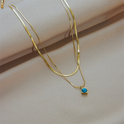 Double Layer Necklace 18K Gold Plated Stainless Steel Snake Bone Chain Turquoise Square Pendant Jewelry For Women