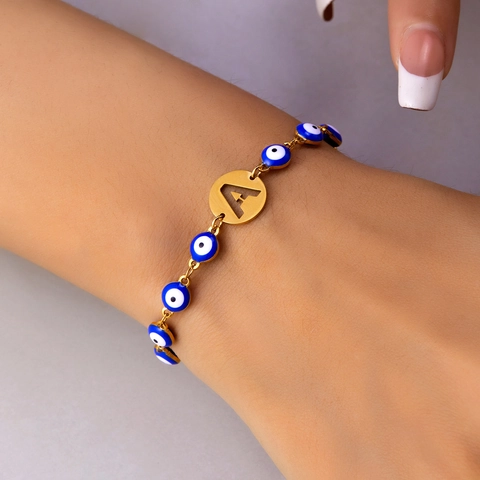 Bracciale Iniziale Malocchio Acciaio Inossidabile Lettera Cava Ciondolo Perline Blu Gioielli Regolabili Per Donna Uomo