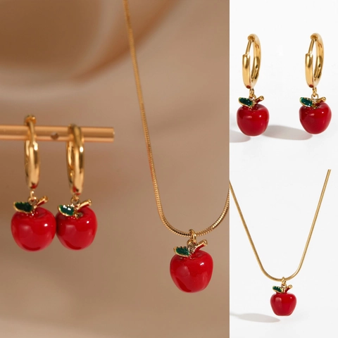 Apple Pendant Necklace And Earrings Stainless Steel Red Enamel Fruit Design For Women Girls Simple Fashion Jewelry