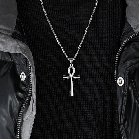 Collana Croce Ankh Acciaio Inossidabile Zircone Strass Chiave Della Vita Antico Egizio Religioso Vintage Gothic Hip Hop