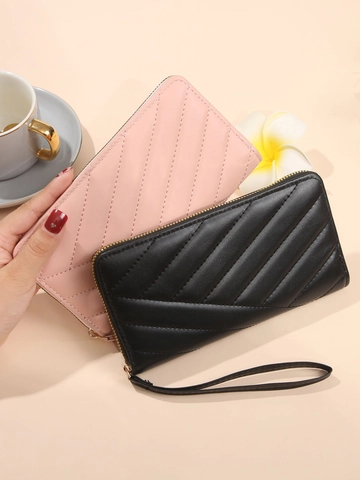 Dames Lange Portemonnee Gewatteerd PU Leer Rits Clutch Polsband Grote Capaciteit Telefoonhouder Effen Kleur