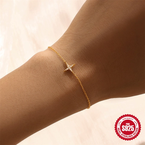 Bracciale a Stella in Argento Sterling S925 per Donna Placcato Oro Zirconia Catena Sottile Regolabile Gioielli di Moda