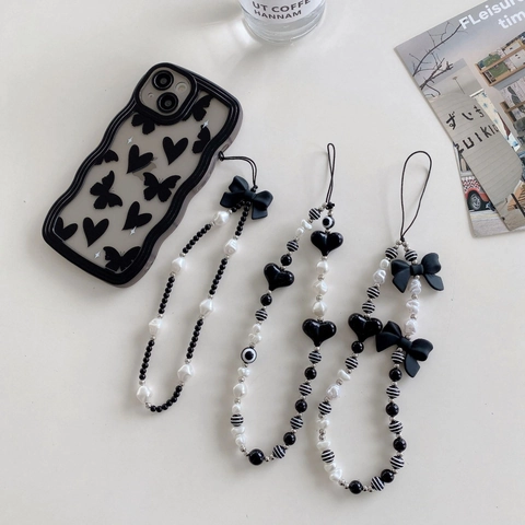 Black And White Beaded Phone Charm With Artificial Pearl Bow Heart Pendant Minimalist Phone Strap Accessory For Women Daily Use