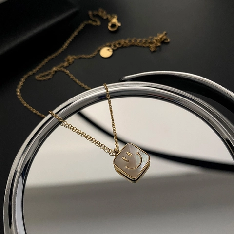 Pendant Necklace Titanium Steel With Mother Of Artificial Pearl Shell Smile Face Square Design Minimalist Fashion Jewelry For Women