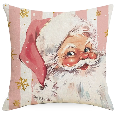 Christmas Throw Pillow Cover Pink Linen Snowflake Santa Claus Xmas Tree Decorative Cushion Case For Living Room Sofa
