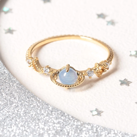 Saturn Planet Finger Ring With Blue Round Stone And Zircon Accents Brass Fashion Jewelry For Women Aesthetic Style