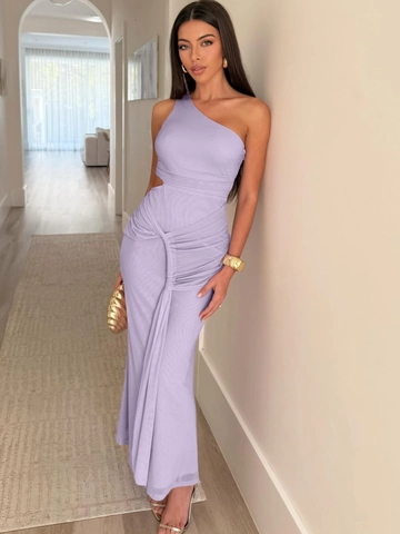 Asymmetrisches Gerafftes Maxikleid Polyester Elasthan Taille Ausschnitt Schlanke Passform Sexy Abendparty Elegant Damen