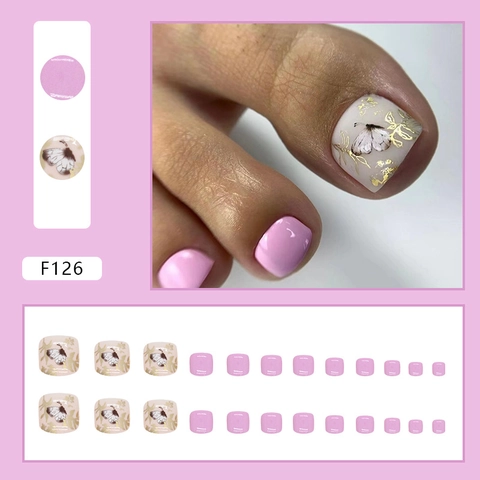 Butterfly Pattern Toe Press On Nails Gold Foil Glossy Pink Lavender Sweet Style Fake Toenails