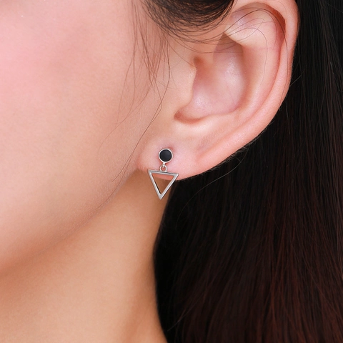 Geometric Hollow Triangle Dangle Earrings 925 Sterling Silver With Black Round Stud Minimalist Jewelry For Women