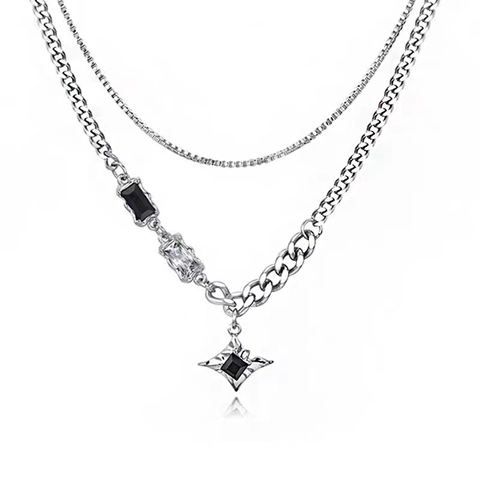 Double Layer Star Pendant Necklace Stainless Steel Black Clear Gemstones Hip Hop Punk Streetwear Unisex Jewelry