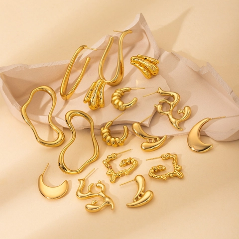 Irregular Geometric Stud Earrings Gold Plated Stainless Steel Minimalist Lava Liquid Metal Texture Fashion Jewelry For Women