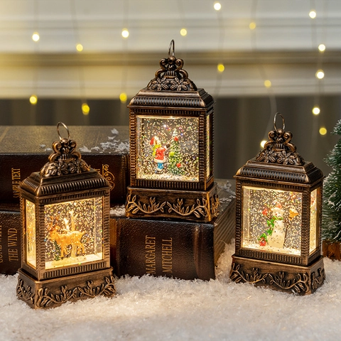 Christmas Lantern Retro Bronze LED Water Globe Lighted Swirling Glitter Santa Snowman Reindeer Holiday Home Desktop Decor