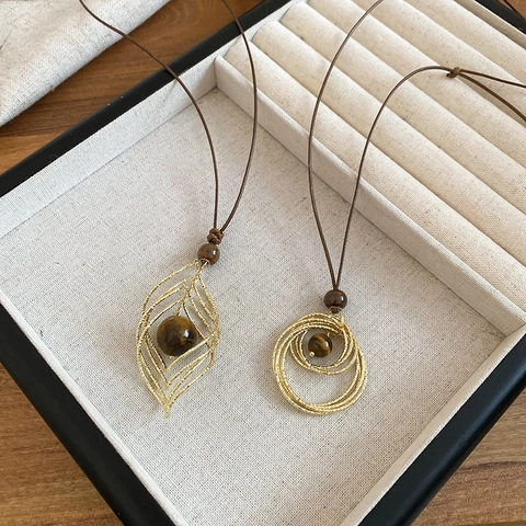 Collier À Pendentif Long En Pierre Oeil De Tigre Vintage Chaîne De Pull Géométrique En Métal Creux Pour Femmes Style Boho