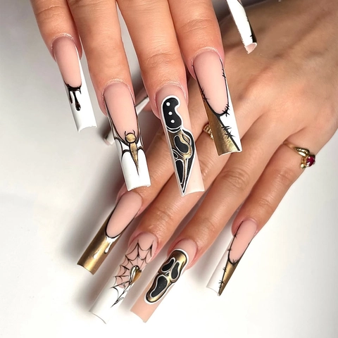 Halloween Aufpressnägel Lange Sargform Künstliche Nägel Gold Spinnennetz Geist Fledermaus Design Für Frauen Gothic Party