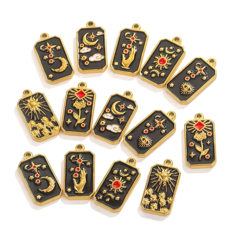 Tarotkarten Anhänger Edelstahl Vergoldet Emaille Himmlisch Mond Stern Sonne Hand Auge Rechteck DIY Schmuckzubehör