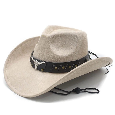 Western Cowboy Hat Suede Bull Head Metal Rivets Wide Brim Adjustable Windproof Rope Vintage Jazz Hat Men Women