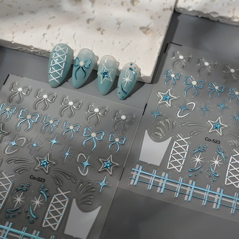 Adesivi Unghie 5D Rilievo 3D Autoadesivi Blu Bianco Trasparente Fiocco Stelle Diamante Manicure Donna