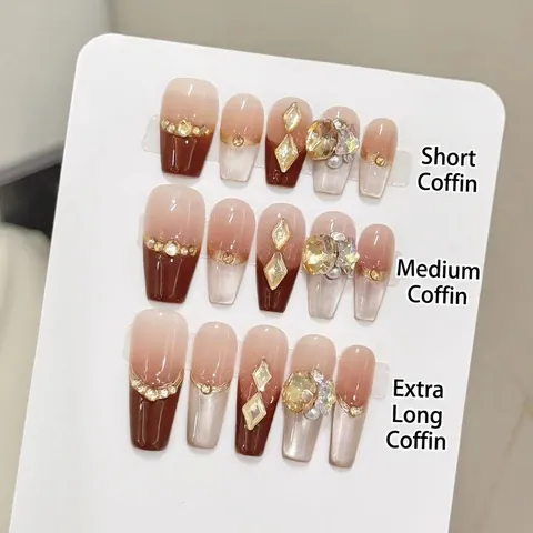 Unghie Finte Fatte A Mano Sfumate Marrone Caffè French Cat Eye Lusso Strass Künstliche Perle Decor Bare Per Donne