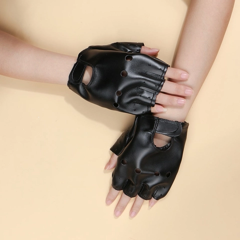 PU Leather Half Finger Gloves Breathable Holes Adjustable Wrist Strap Cycling Outdoor Fashion