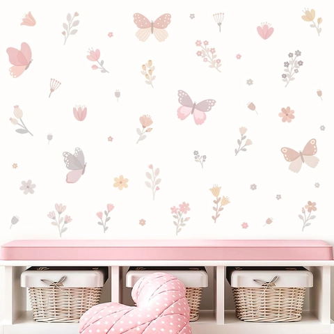 Adesivi Murali Farfalla Fiore Acquerello PVC Impermeabile Autoadesivo Per Cameretta Bambini Camera Da Letto Casa