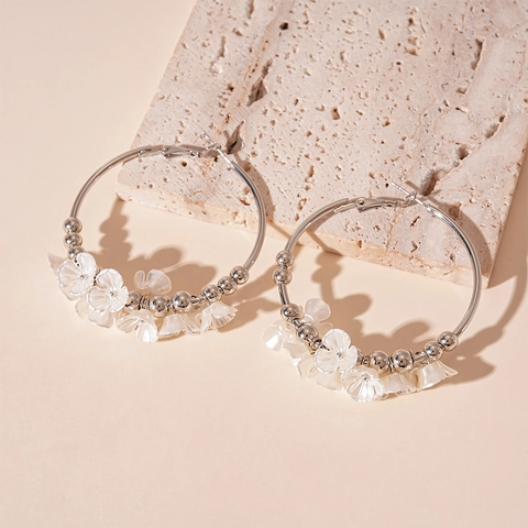 Large Hoop Earrings With White Acrylic Flower And Beads Bohemian Style Silver Earring Post For Women Elegant Jewelry