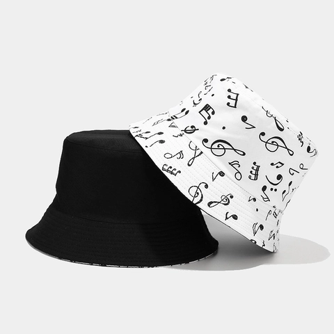 Reversible Bucket Hat Cotton Canvas Music Note Print Sun Protection Outdoor Sun Hat Unisex Double Sided Fashion