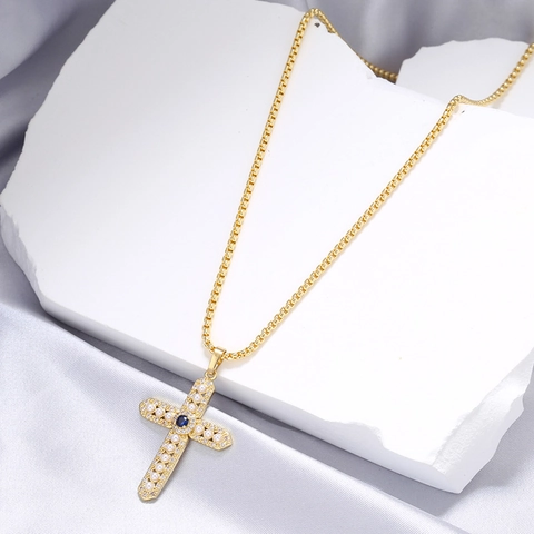 Collar Con Colgante De Cruz Latón Con Perlas Artificiales Piedra Azul Hip Hop Punk Estilo Gótico Joyería Ajustable Para Mujeres