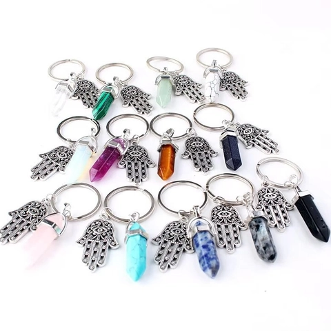 Hamsa Hand Keychain Alloy Evil Eye Natural Stone Hexagonal Crystal Column Pendant Retro Ethnic Accessory For Women