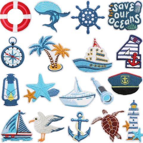 Nautical Ocean Theme Embroidery Patches Whale Lighthouse Anchor Sailboat Polyester Fabric Iron On Sew On Decorative Applique