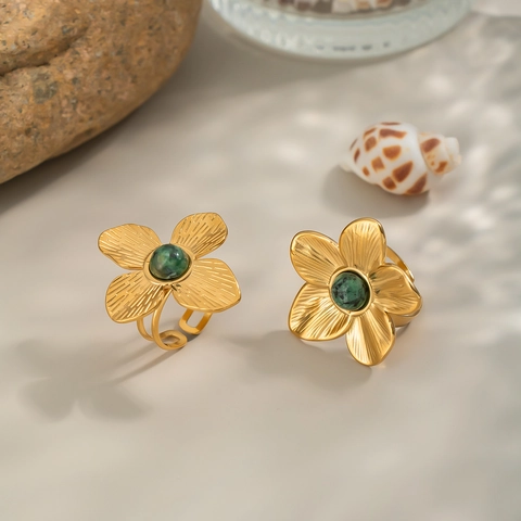 Anello A Fiore Vintage In Acciaio Inossidabile Con Intarsio Di Pietra Verde Regolabile Gioielli Eleganti Per Donna